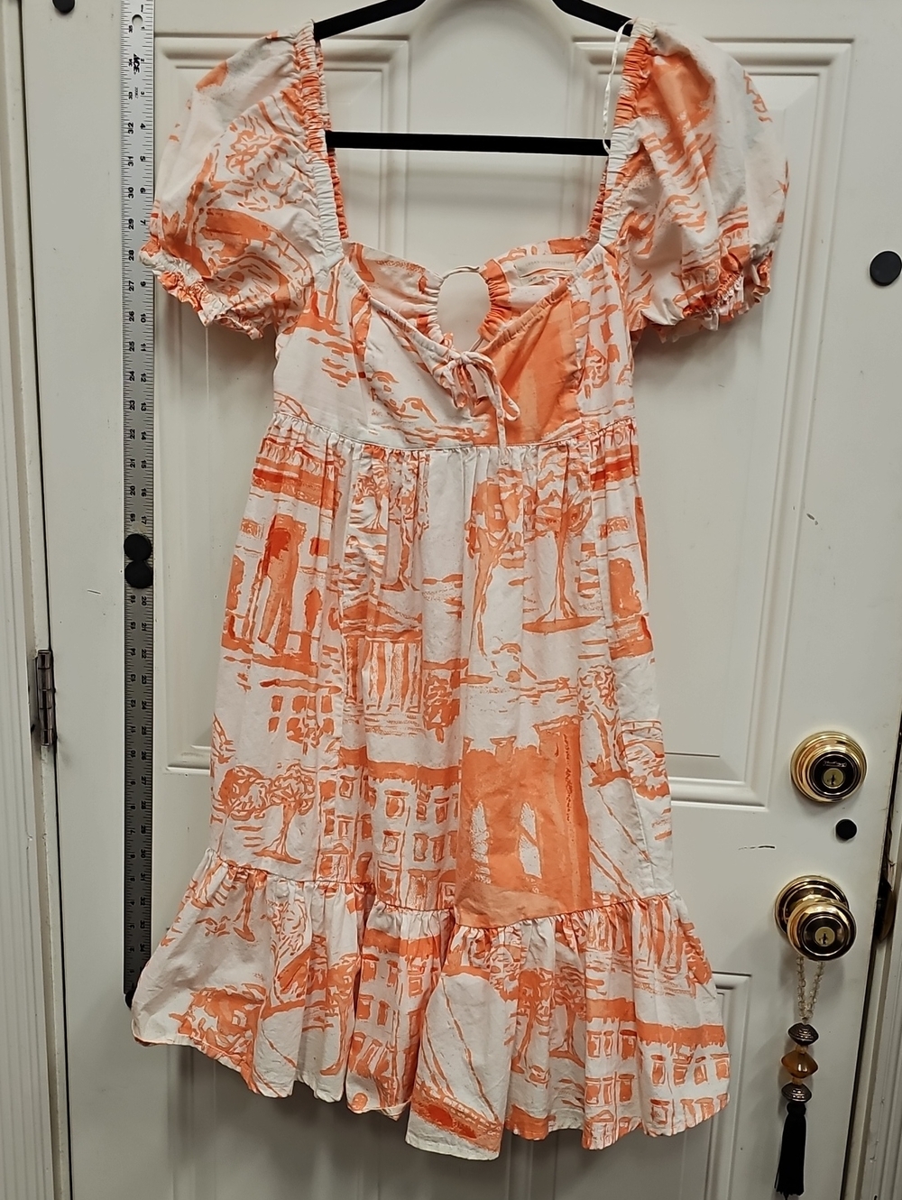 Urban Outfitters Orange & White Puff-Sleeve Keyhole Dress
